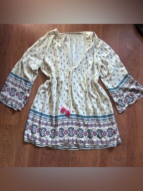 Xhilaration Cream Boho Tunic with Pink and Blue Embroidery